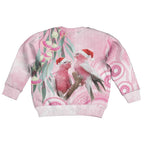 Australia Funny Pink Galah Christmas Kid Ugly Christmas Sweater Aboriginal Eucalyptus Blossoms Watercolor - Aussie Hoodie