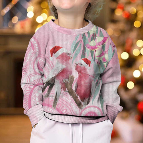Australia Funny Pink Galah Christmas Kid Ugly Christmas Sweater Aboriginal Eucalyptus Blossoms Watercolor - Aussie Hoodie