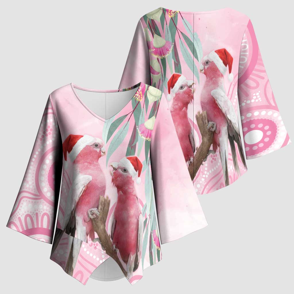 Australia Funny Pink Galah Christmas Kimono Sleeve Blouse Aboriginal Eucalyptus Blossoms Watercolor - Aussie Hoodie