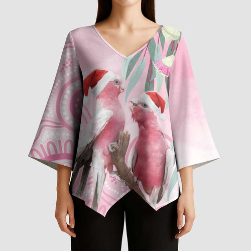Australia Funny Pink Galah Christmas Kimono Sleeve Blouse Aboriginal Eucalyptus Blossoms Watercolor - Aussie Hoodie