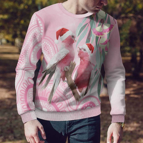 Australia Funny Pink Galah Christmas Ugly Christmas Sweater Aboriginal Eucalyptus Blossoms Watercolor - Aussie Hoodie