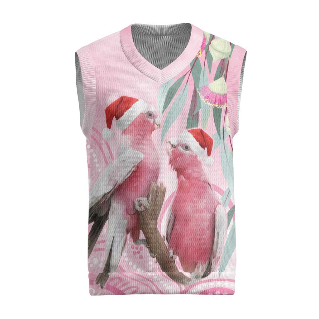 Australia Funny Pink Galah Christmas Knitted V-Neck Vest Aboriginal Eucalyptus Blossoms Watercolor - Aussie Hoodie