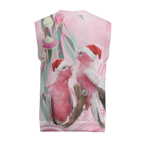 Australia Funny Pink Galah Christmas Knitted V-Neck Vest Aboriginal Eucalyptus Blossoms Watercolor - Aussie Hoodie