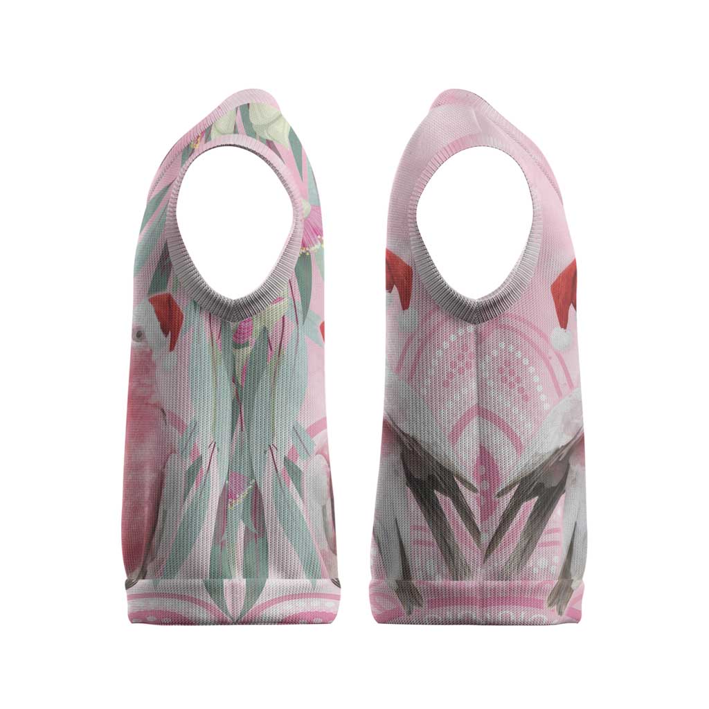 Australia Funny Pink Galah Christmas Knitted V-Neck Vest Aboriginal Eucalyptus Blossoms Watercolor - Aussie Hoodie