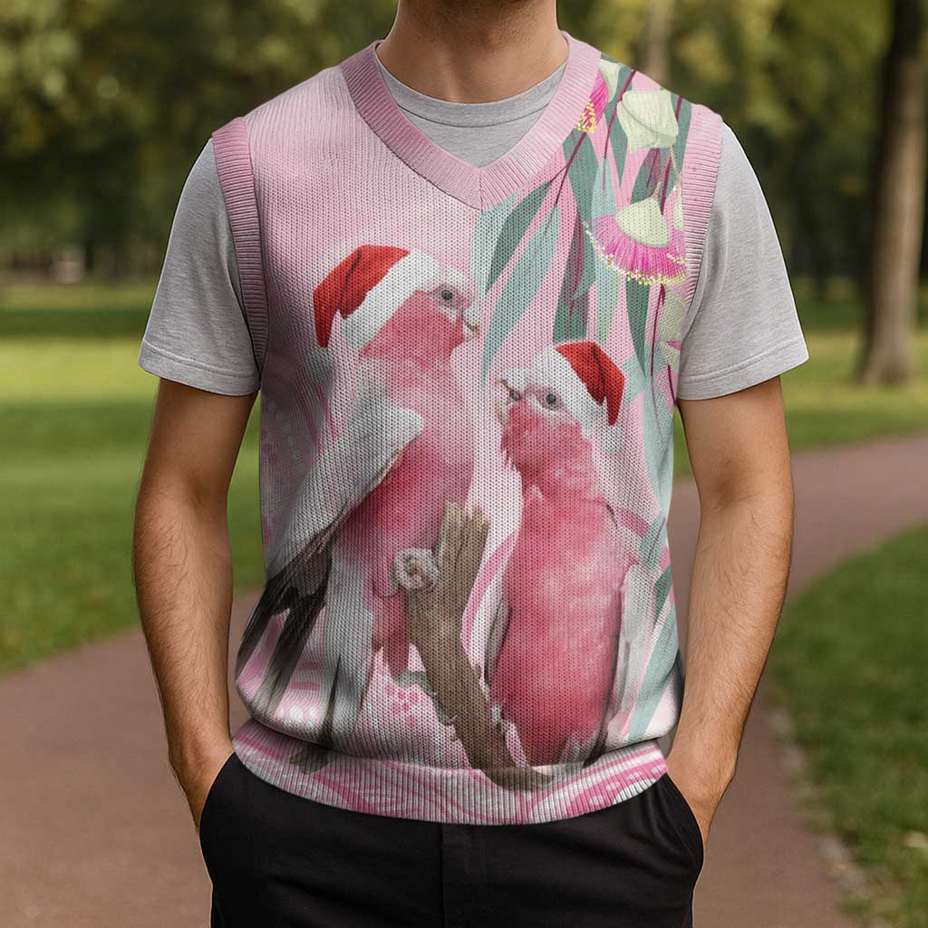 Australia Funny Pink Galah Christmas Knitted V-Neck Vest Aboriginal Eucalyptus Blossoms Watercolor - Aussie Hoodie