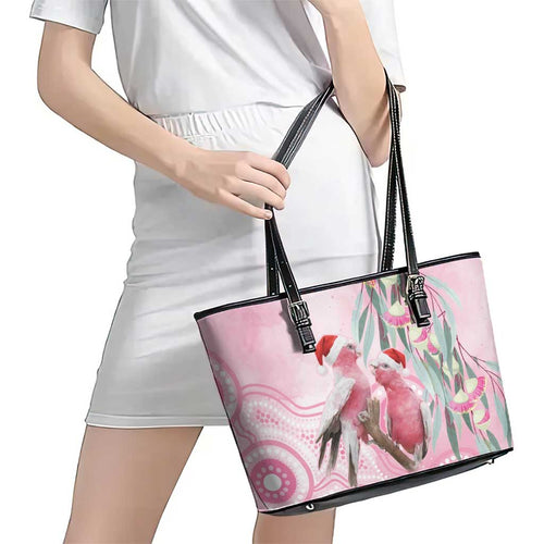 Australia Funny Pink Galah Christmas Leather Tote Bag Aboriginal Eucalyptus Blossoms Watercolor - Aussie Hoodie