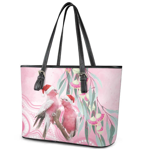 Australia Funny Pink Galah Christmas Leather Tote Bag Aboriginal Eucalyptus Blossoms Watercolor - Aussie Hoodie