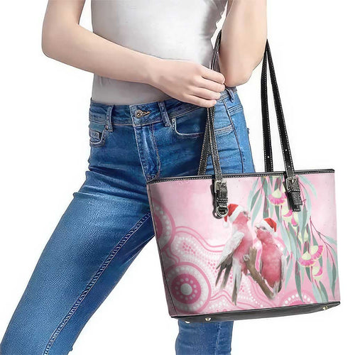 Australia Funny Pink Galah Christmas Leather Tote Bag Aboriginal Eucalyptus Blossoms Watercolor - Aussie Hoodie