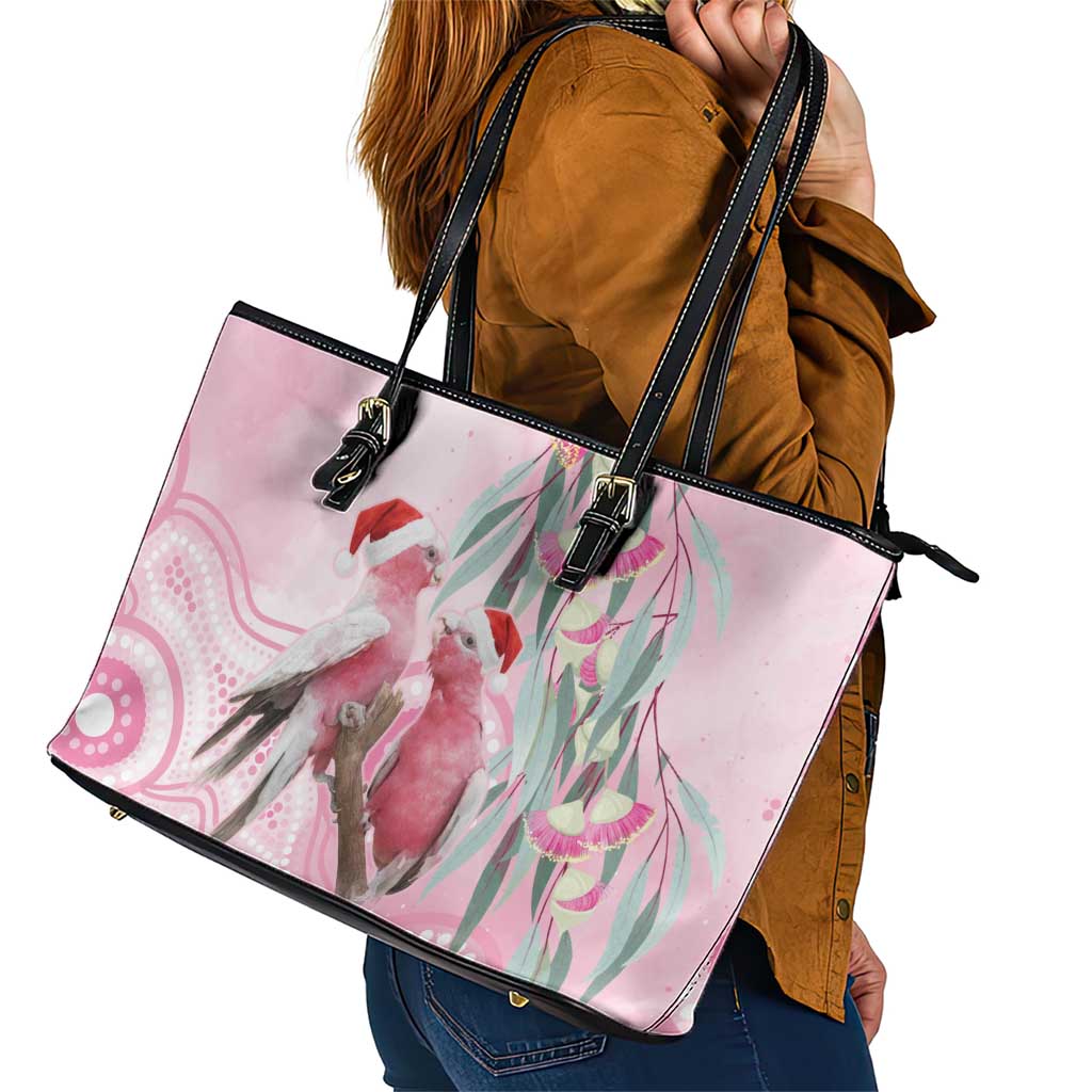 Australia Funny Pink Galah Christmas Leather Tote Bag Aboriginal Eucalyptus Blossoms Watercolor - Aussie Hoodie