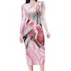 Australia Funny Pink Galah Christmas Long Sleeve Bodycon Dress Aboriginal Eucalyptus Blossoms Watercolor - Aussie Hoodie