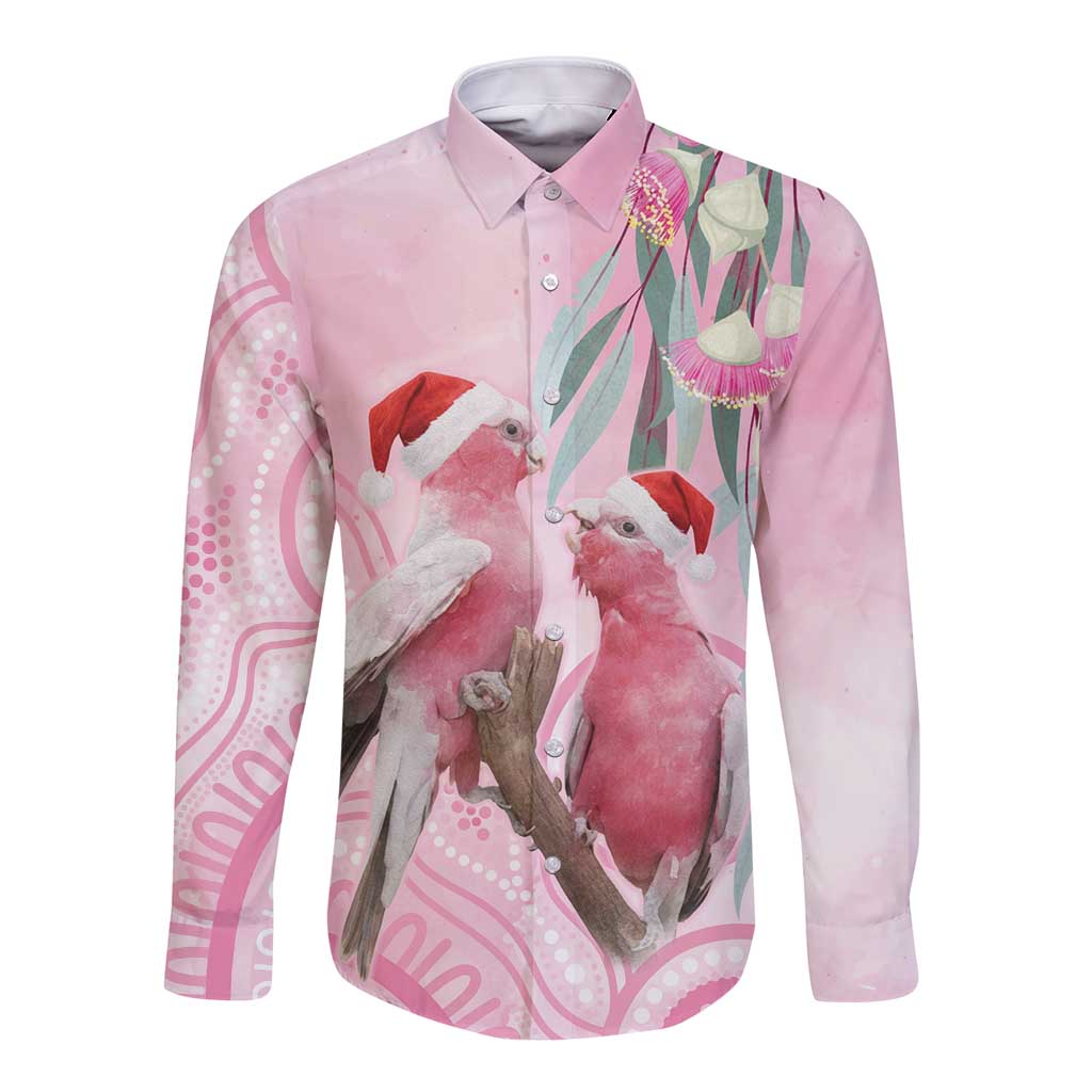 Australia Funny Pink Galah Christmas Long Sleeve Button Shirt Aboriginal Eucalyptus Blossoms Watercolor - Aussie Hoodie