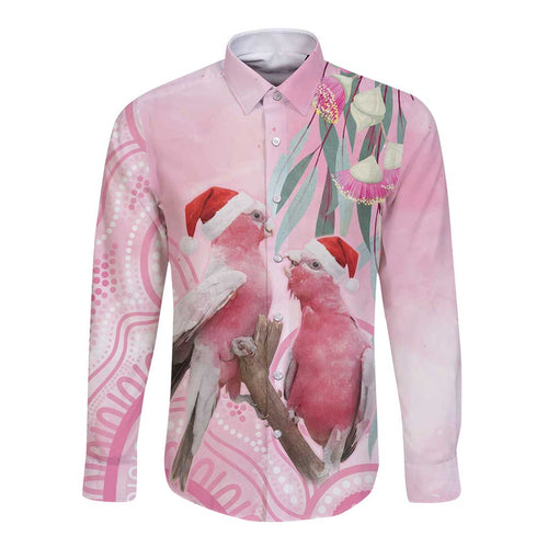 Australia Funny Pink Galah Christmas Long Sleeve Button Shirt Aboriginal Eucalyptus Blossoms Watercolor - Aussie Hoodie