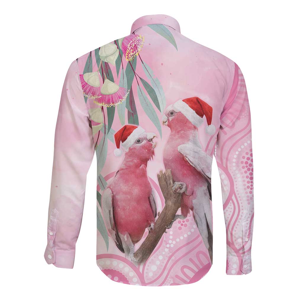 Australia Funny Pink Galah Christmas Long Sleeve Button Shirt Aboriginal Eucalyptus Blossoms Watercolor - Aussie Hoodie