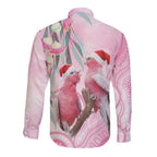Australia Funny Pink Galah Christmas Long Sleeve Button Shirt Aboriginal Eucalyptus Blossoms Watercolor - Aussie Hoodie