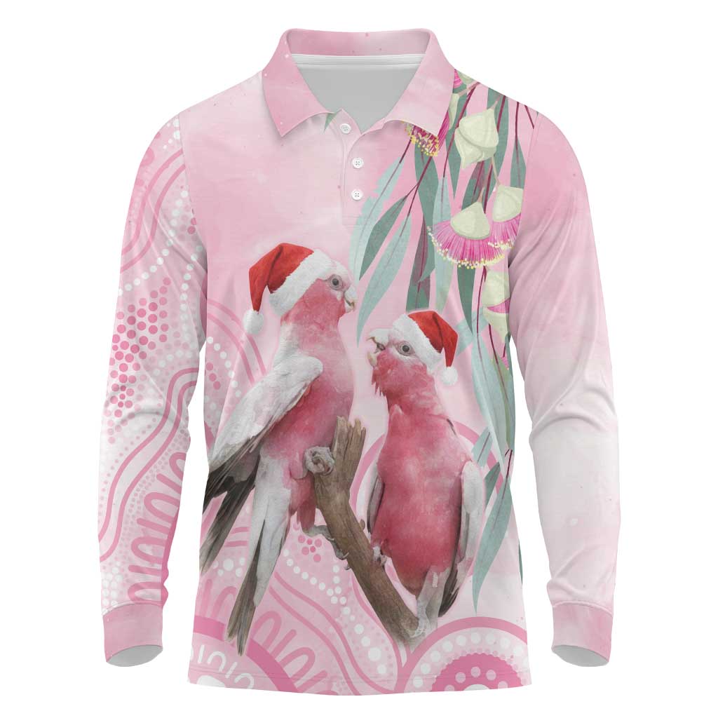 Australia Funny Pink Galah Christmas Long Sleeve Polo Shirt Aboriginal Eucalyptus Blossoms Watercolor - Aussie Hoodie