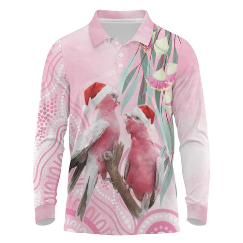 Australia Funny Pink Galah Christmas Long Sleeve Polo Shirt Aboriginal Eucalyptus Blossoms Watercolor - Aussie Hoodie