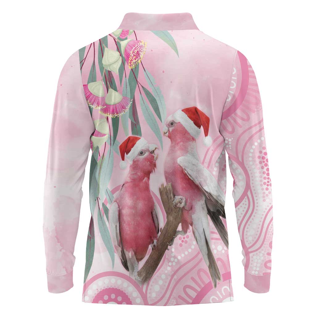 Australia Funny Pink Galah Christmas Long Sleeve Polo Shirt Aboriginal Eucalyptus Blossoms Watercolor - Aussie Hoodie