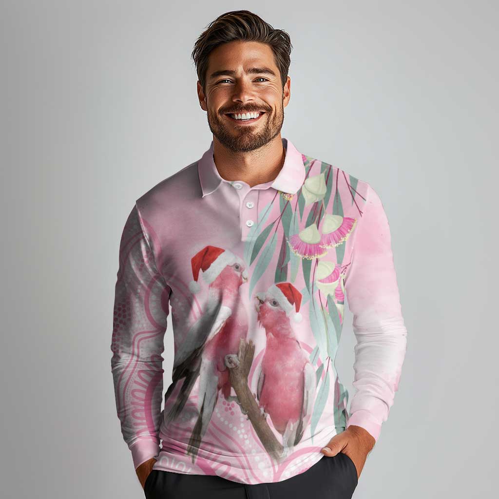 Australia Funny Pink Galah Christmas Long Sleeve Polo Shirt Aboriginal Eucalyptus Blossoms Watercolor - Aussie Hoodie