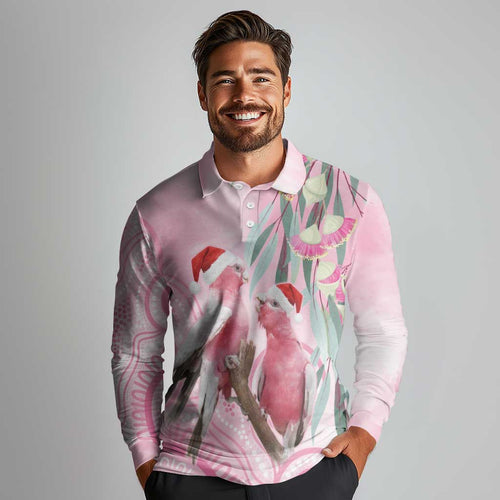 Australia Funny Pink Galah Christmas Long Sleeve Polo Shirt Aboriginal Eucalyptus Blossoms Watercolor - Aussie Hoodie