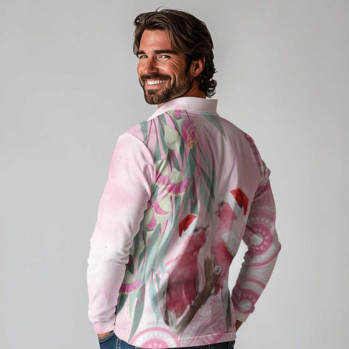 Australia Funny Pink Galah Christmas Long Sleeve Polo Shirt Aboriginal Eucalyptus Blossoms Watercolor - Aussie Hoodie