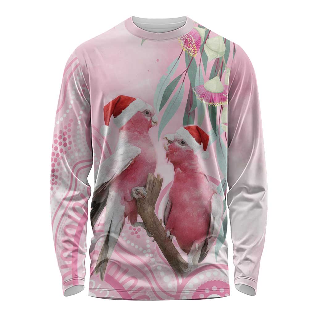 Australia Funny Pink Galah Christmas Long Sleeve Shirt Aboriginal Eucalyptus Blossoms Watercolor - Aussie Hoodie