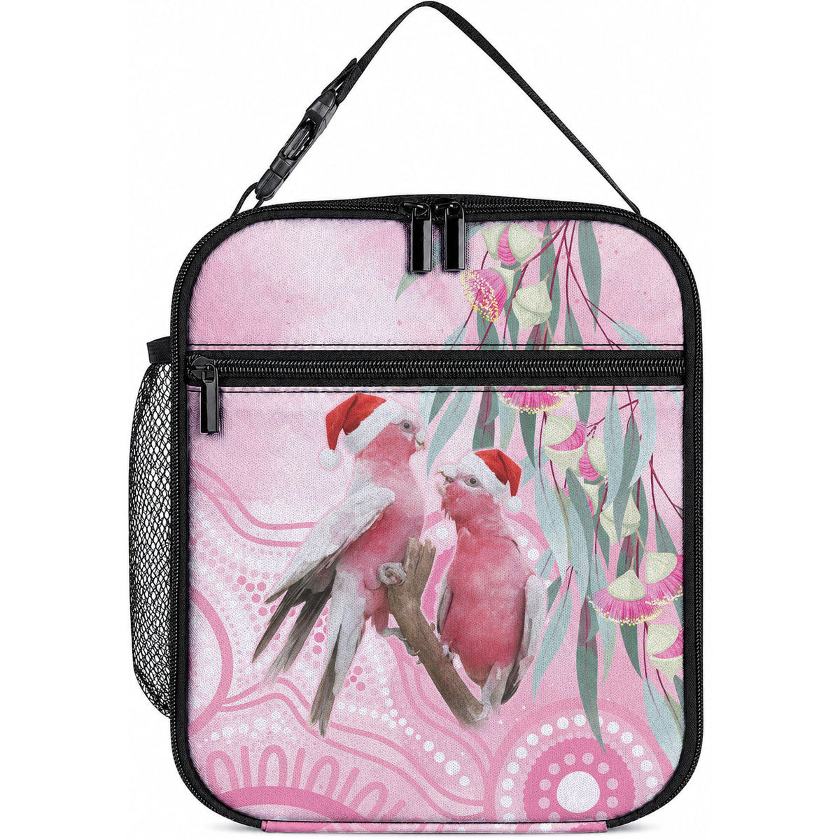 Australia Funny Pink Galah Christmas Lunch Bag Aboriginal Eucalyptus Blossoms Watercolor