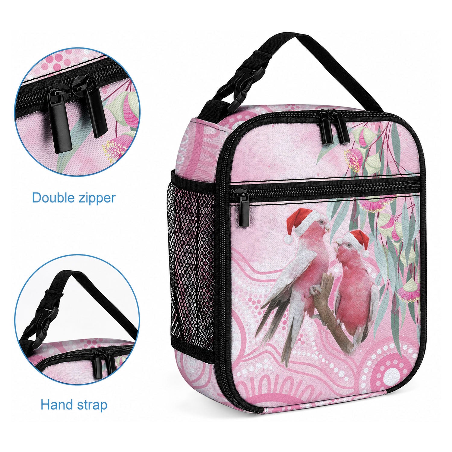 Australia Funny Pink Galah Christmas Lunch Bag Aboriginal Eucalyptus Blossoms Watercolor