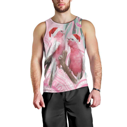 Australia Funny Pink Galah Christmas Men Tank Top Aboriginal Eucalyptus Blossoms Watercolor - Aussie Hoodie