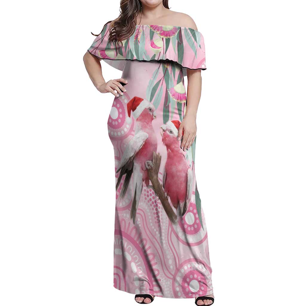 Australia Funny Pink Galah Christmas Off Shoulder Maxi Dress Aboriginal Eucalyptus Blossoms Watercolor - Aussie Hoodie