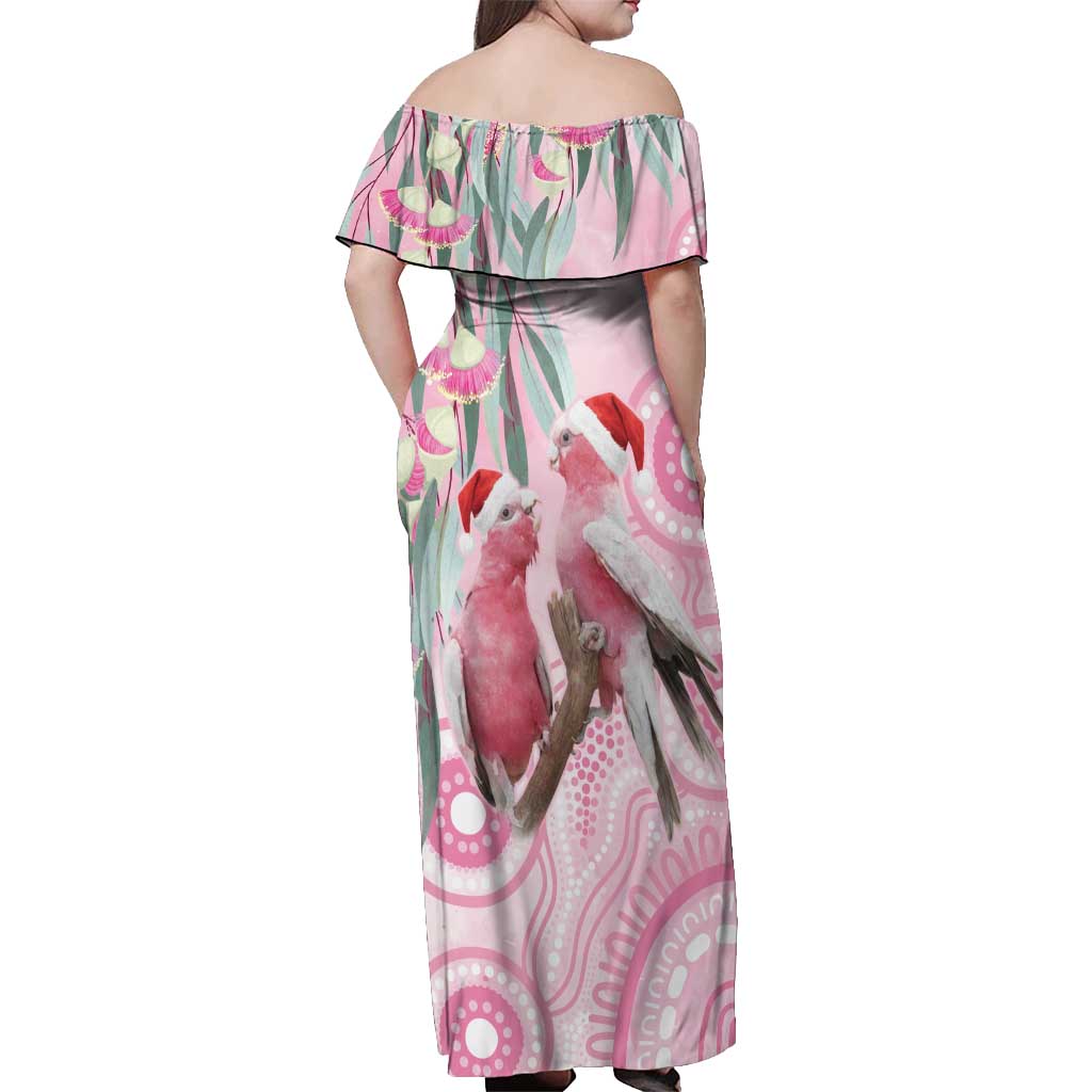 Australia Funny Pink Galah Christmas Off Shoulder Maxi Dress Aboriginal Eucalyptus Blossoms Watercolor - Aussie Hoodie