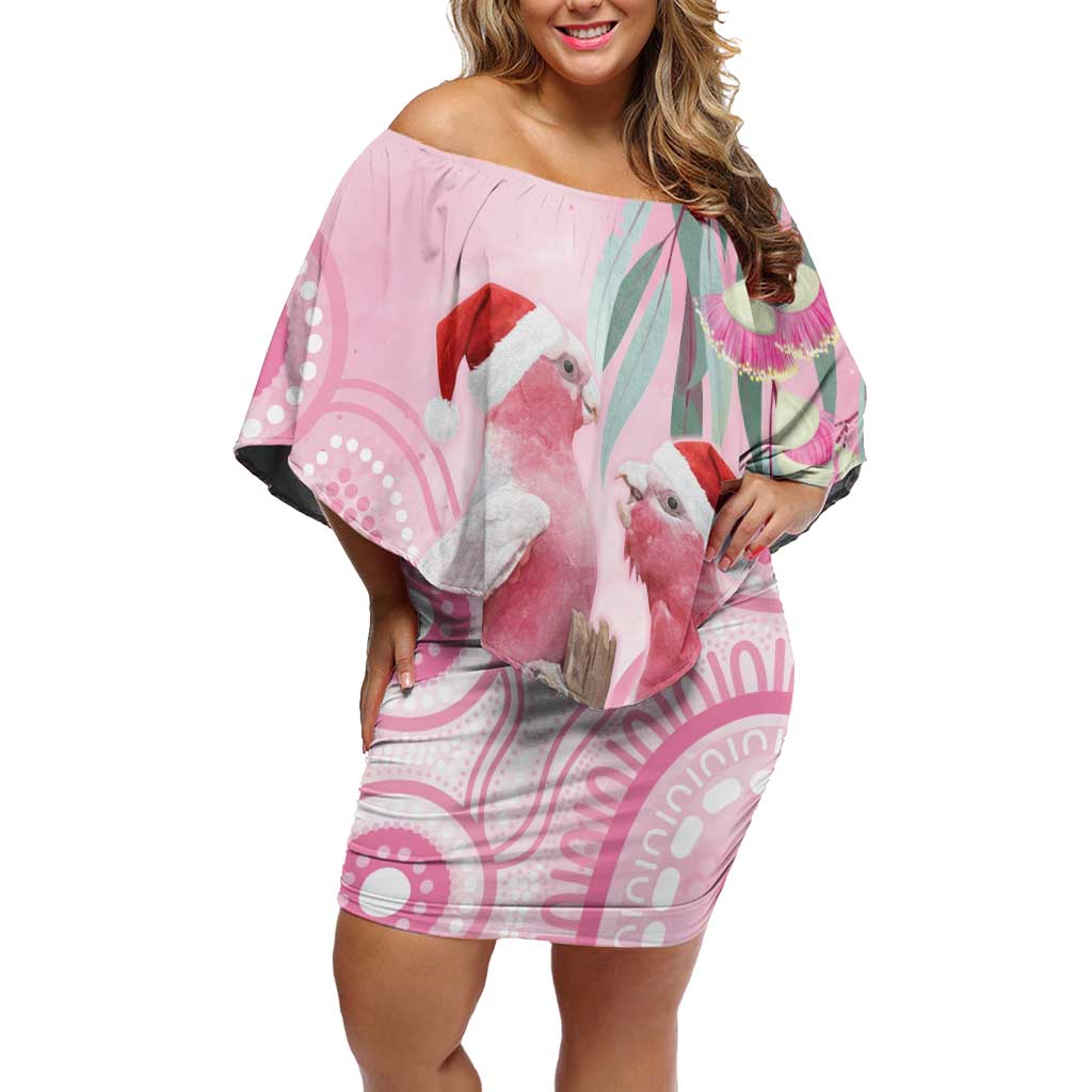 Australia Funny Pink Galah Christmas Off Shoulder Short Dress Aboriginal Eucalyptus Blossoms Watercolor - Aussie Hoodie