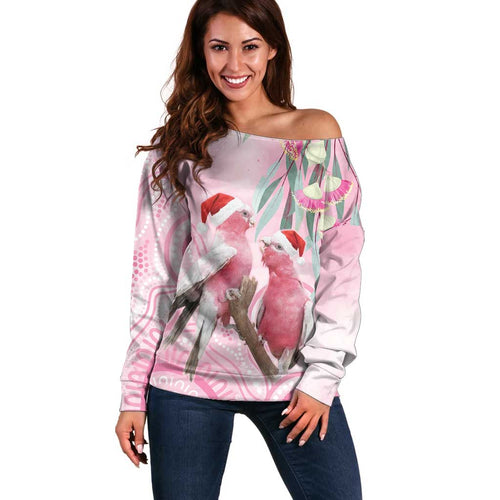 Australia Funny Pink Galah Christmas Off Shoulder Sweater Aboriginal Eucalyptus Blossoms Watercolor - Aussie Hoodie