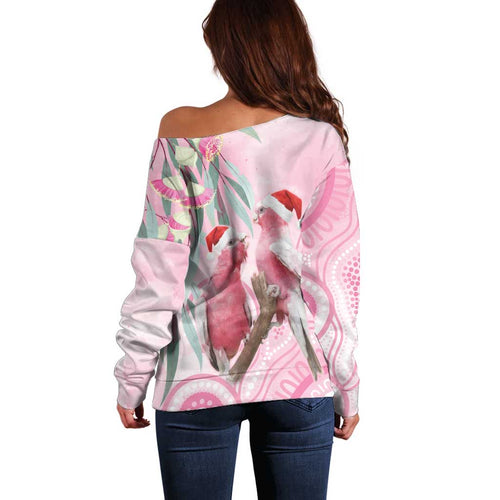 Australia Funny Pink Galah Christmas Off Shoulder Sweater Aboriginal Eucalyptus Blossoms Watercolor - Aussie Hoodie