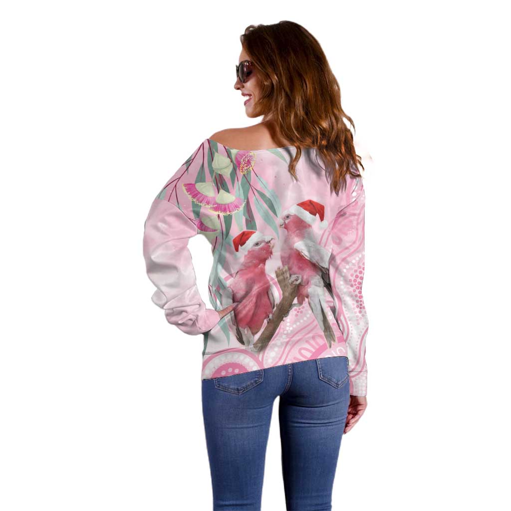 Australia Funny Pink Galah Christmas Off Shoulder Sweater Aboriginal Eucalyptus Blossoms Watercolor - Aussie Hoodie