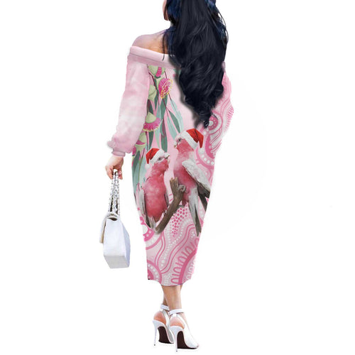 Australia Funny Pink Galah Christmas Off The Shoulder Long Sleeve Dress Aboriginal Eucalyptus Blossoms Watercolor - Aussie Hoodie
