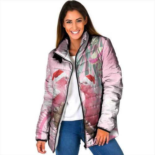 Australia Funny Pink Galah Christmas Padded Jacket Aboriginal Eucalyptus Blossoms Watercolor - Aussie Hoodie