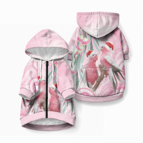 Australia Funny Pink Galah Christmas Pet Hoodie Aboriginal Eucalyptus Blossoms Watercolor