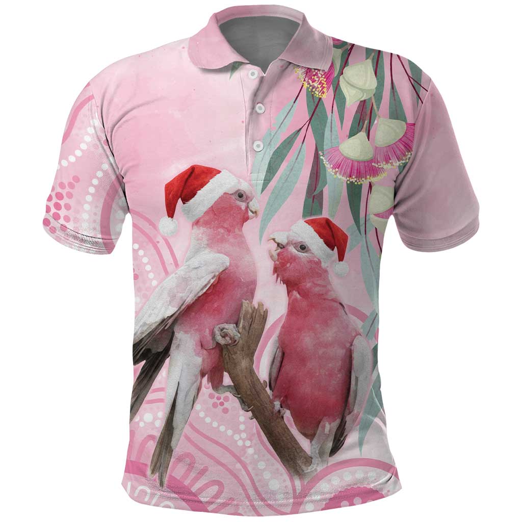 Australia Funny Pink Galah Christmas Polo Shirt Aboriginal Eucalyptus Blossoms Watercolor - Aussie Hoodie
