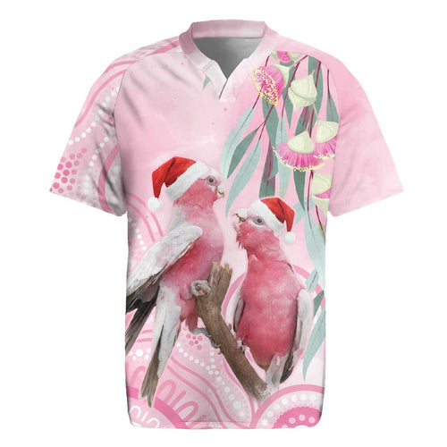 Australia Funny Pink Galah Christmas Rugby Jersey Aboriginal Eucalyptus Blossoms Watercolor - Aussie Hoodie