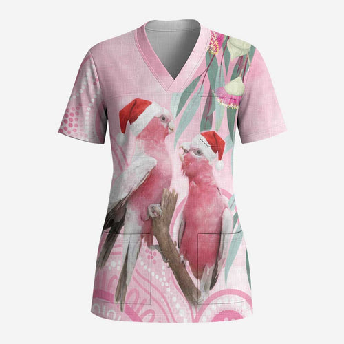 Australia Funny Pink Galah Christmas Scrub Top Aboriginal Eucalyptus Blossoms Watercolor - Aussie Hoodie