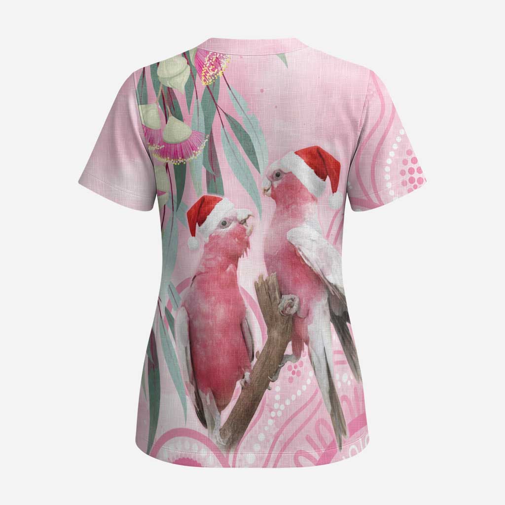 Australia Funny Pink Galah Christmas Scrub Top Aboriginal Eucalyptus Blossoms Watercolor - Aussie Hoodie