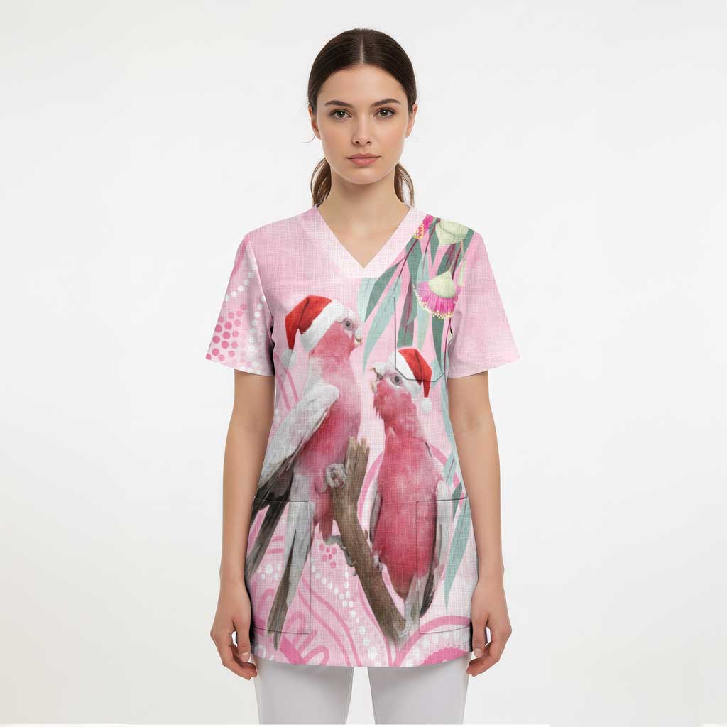 Australia Funny Pink Galah Christmas Scrub Top Aboriginal Eucalyptus Blossoms Watercolor - Aussie Hoodie