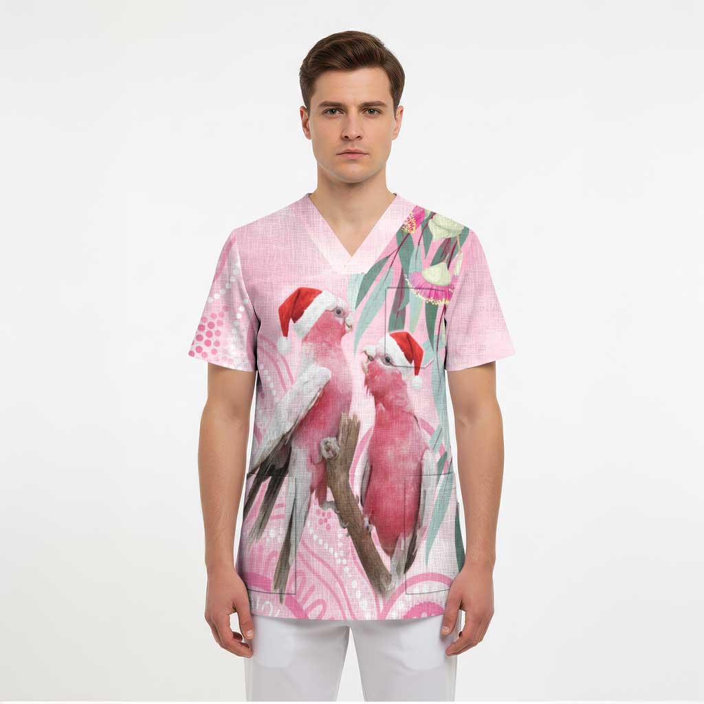Australia Funny Pink Galah Christmas Scrub Top Aboriginal Eucalyptus Blossoms Watercolor - Aussie Hoodie