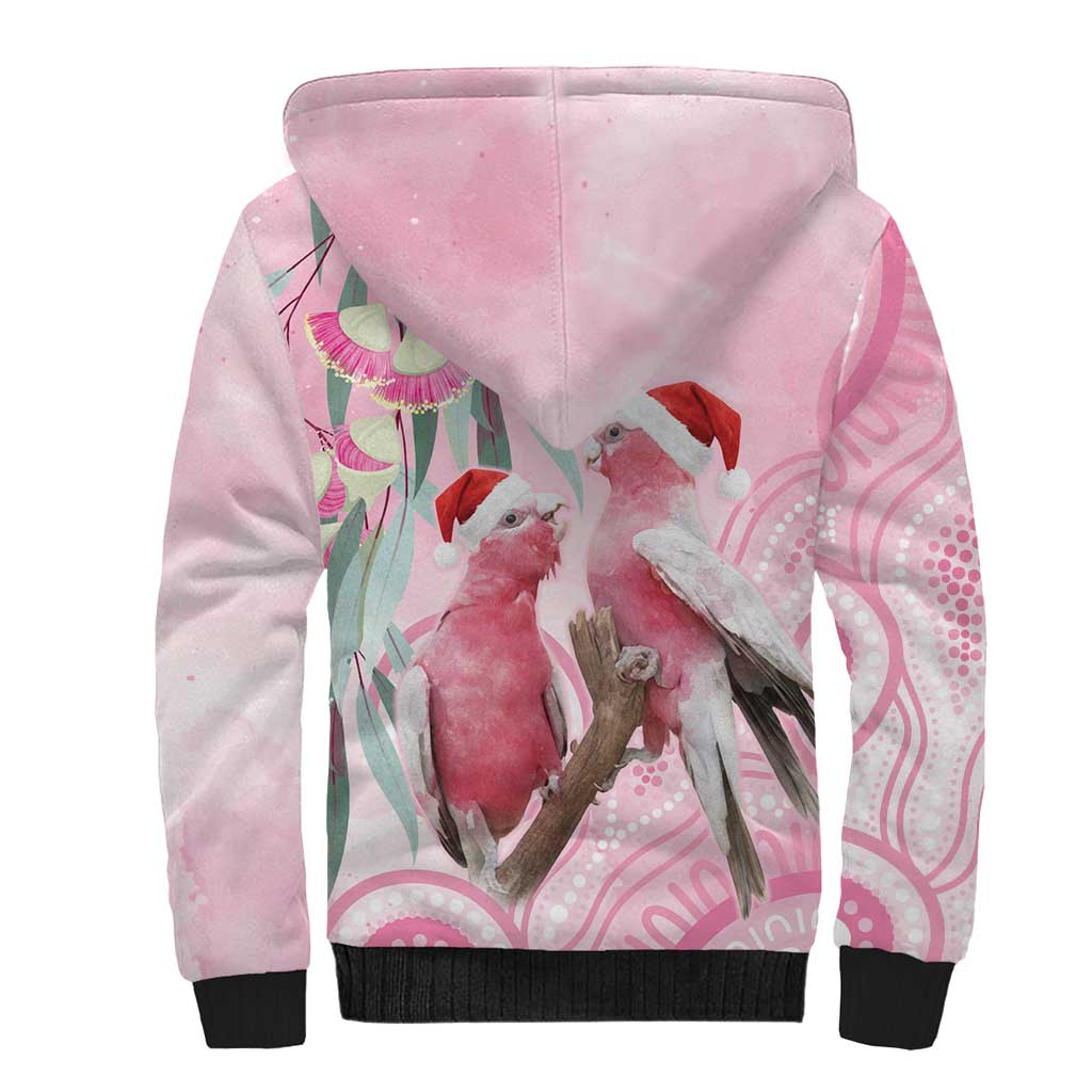 Australia Funny Pink Galah Christmas Sherpa Hoodie Aboriginal Eucalyptus Blossoms Watercolor - Aussie Hoodie
