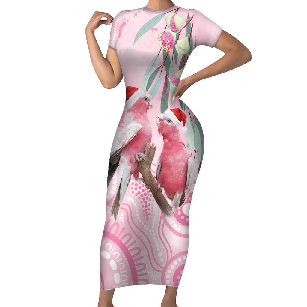 Australia Funny Pink Galah Christmas Short Sleeve Bodycon Dress Aboriginal Eucalyptus Blossoms Watercolor - Aussie Hoodie