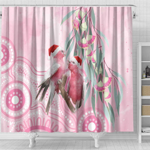 Australia Funny Pink Galah Christmas Shower Curtain Aboriginal Eucalyptus Blossoms Watercolor - Aussie Hoodie