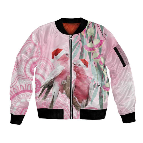 Australia Funny Pink Galah Christmas Sleeve Zip Bomber Jacket Aboriginal Eucalyptus Blossoms Watercolor - Aussie Hoodie