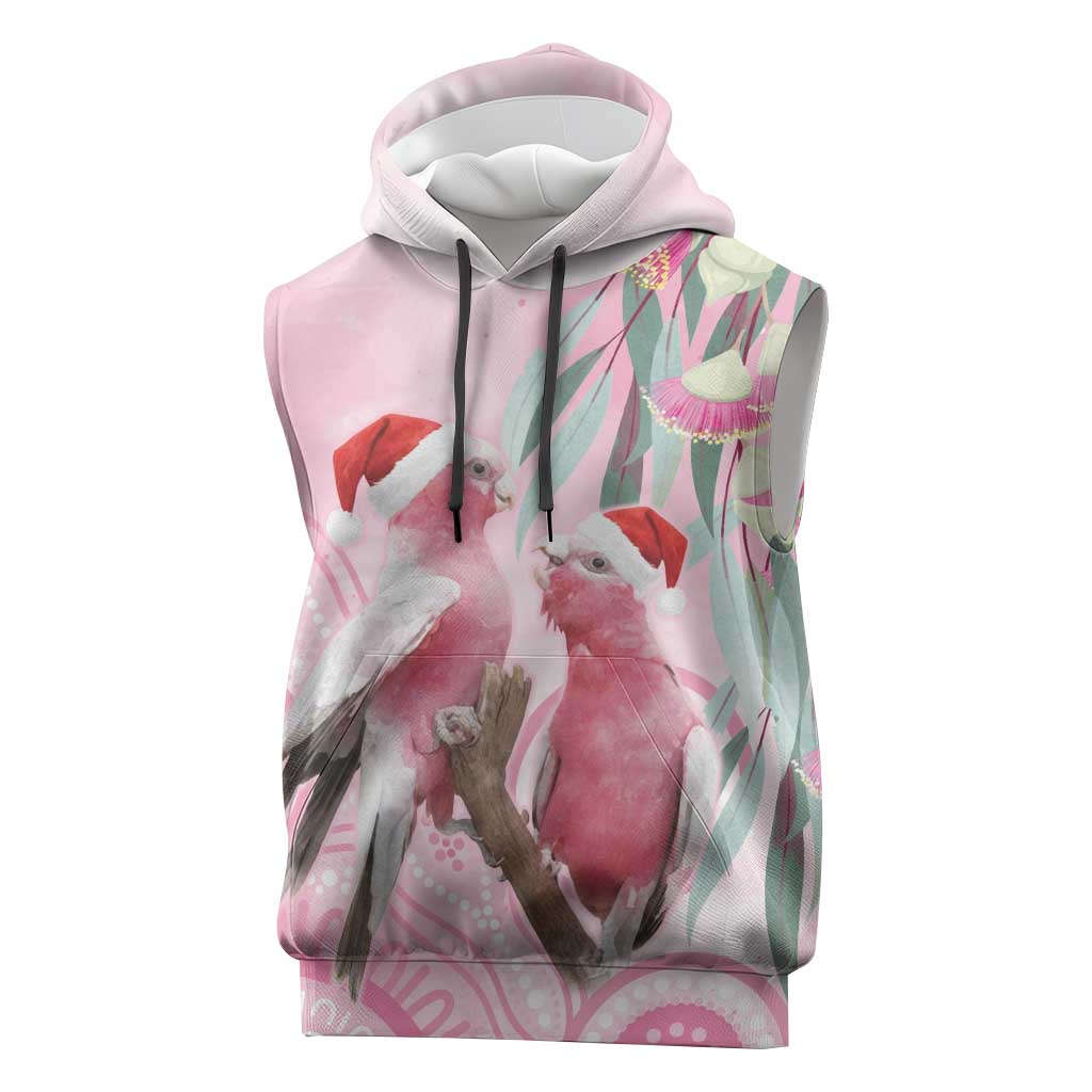 Australia Funny Pink Galah Christmas Sleeveless Hoodie Aboriginal Eucalyptus Blossoms Watercolor - Aussie Hoodie