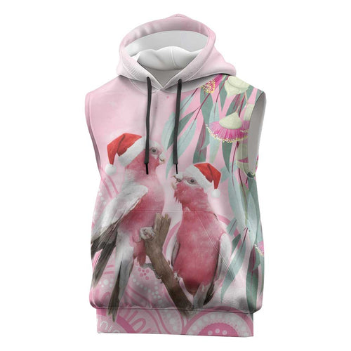 Australia Funny Pink Galah Christmas Sleeveless Hoodie Aboriginal Eucalyptus Blossoms Watercolor - Aussie Hoodie