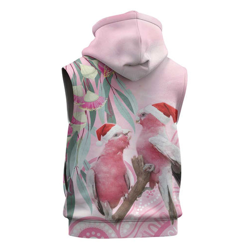 Australia Funny Pink Galah Christmas Sleeveless Hoodie Aboriginal Eucalyptus Blossoms Watercolor - Aussie Hoodie